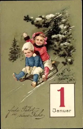 Ak Glückwunsch Neujahr, Kalenderblatt, Kinder auf einem Schlitten bei der Abfahrt