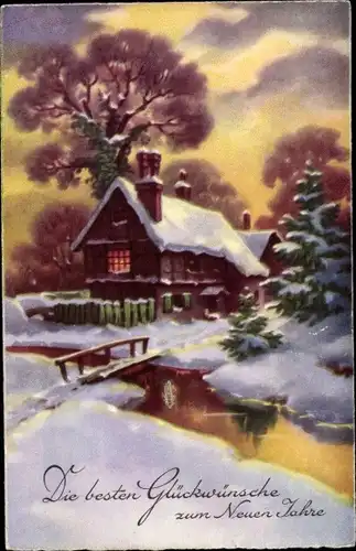 Ak Glückwunsch Neujahr, Winterlandschaft mit Haus, Fluss