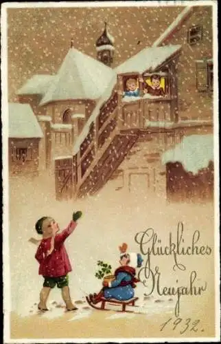 Ak Glückwunsch Neujahr, Kinder mit Schlitten, Kleeblätter, Ortschaft, Schneefall