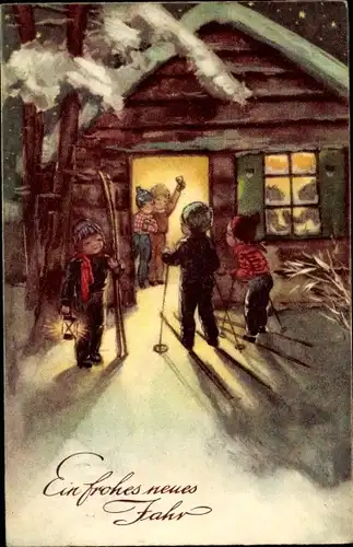 Ak Glückwunsch Neujahr, Kinder auf Skiern vor einer Holzhütte, Nachtansicht