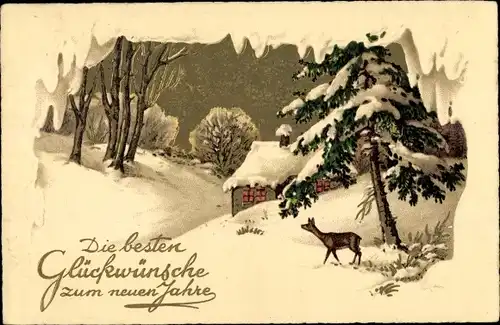 Ak Glückwunsch Neujahr, Winterlandschaft mit Haus und Reh