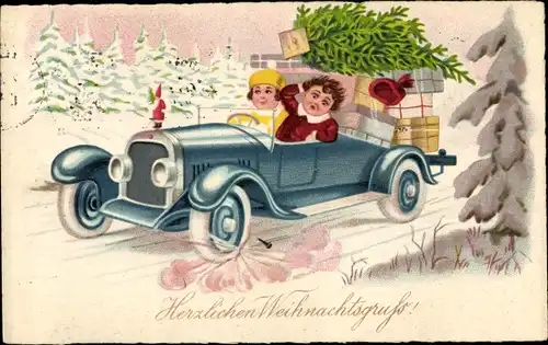 Ak Glückwunsch Weihnachten, Auto fährt über einen Nagel, Tannenbaum, Geschenke