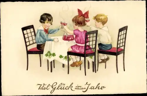 Ak Glückwunsch Neujahr, Kinder trinken Punsch an einem Tisch, Kleeblätter