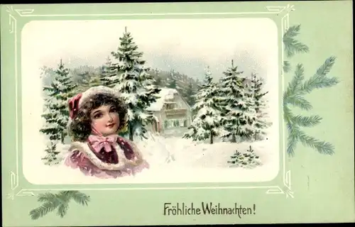 Passepartout Ak Glückwunsch Weihnachten, Mädchen, Winterlandschaft, Haus, Tannenbäume