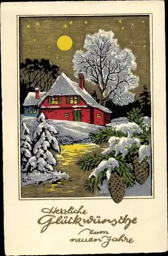 Ak Glückwunsch Neujahr, Winterlandschaft, mit Haus, Fluss, Mondschein