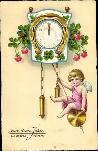 Ak Glückwunsch Neujahr, Engel auf Uhrenpendel, Kleeblätter, Hufeisen