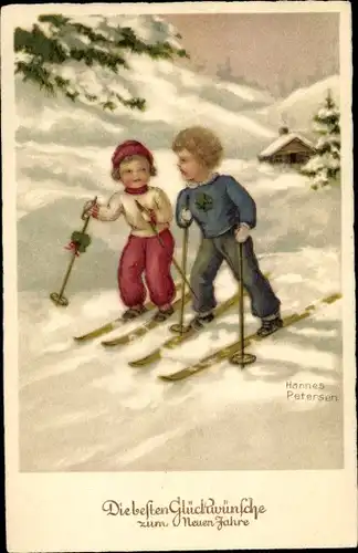 Künstler Ak Petersen, Hannes, Glückwunsch Neujahr, Kinder auf Skiern