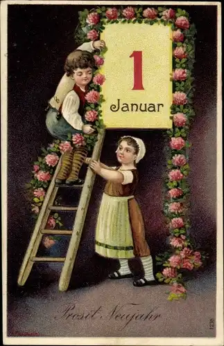 Ak Glückwunsch Neujahr, Junge und Mädchen schmücken Kalender mit Kleeblattranke