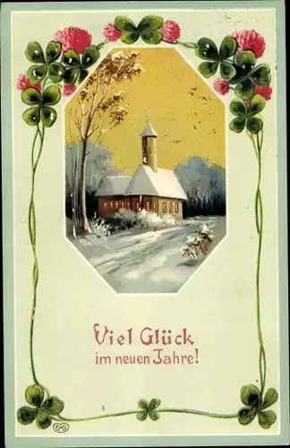 Präge Ak Glückwunsch Neujahr, Winterlandschaft mit Kirche, Kleeblätter