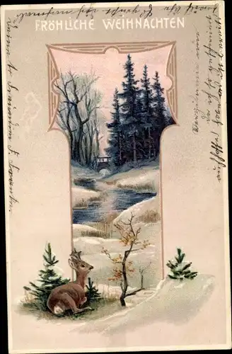 Präge Ak Glückwunsch Weihnachten, Winterlandschaft, Fluss, Wald, Reh