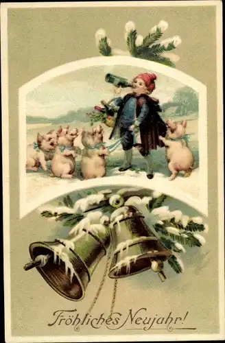 Präge Passepartout Ak Glückwunsch Neujahr, Glocken, Junge trinkt Sekt, Schweine