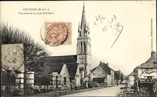 Ak Contigné Maine et Loire, Vue prise de la route de Cherre, Eglise