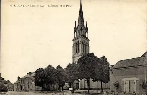 Ak Contigné Maine et Loire, L'Eglise, La Place