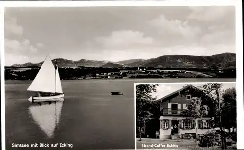 Ak Ecking Riedering in Oberbayern, Simsee, Segelboot, Ort, Strandcafé