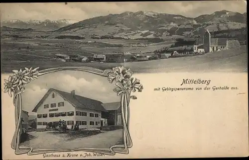 Ak Oy Mittelberg im Allgäu, Gebirgspanorama von der Gerhalde aus, Gasthaus zur Krone
