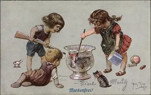 Künstler Ak Thiele, Arthur, Markenfrei, Kinder, Goldfischglas, Katze