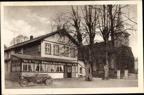 Ak Hamburg Wandsbek Bergstedt, Filter's Gasthof, Kirche, Auto