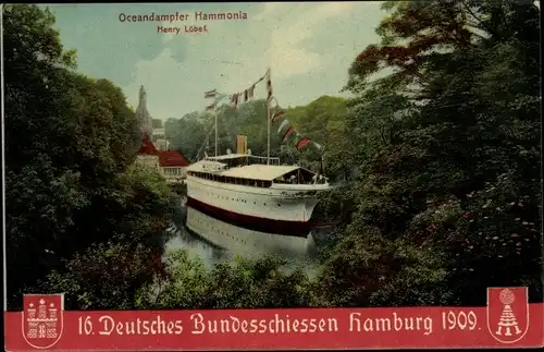 Ak Hamburg, 16. Dt. Bundesschießen 1909, Ozeandampfer Hammonia, Uferpartie, Haus, Wappen