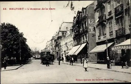 Ak Belfort Territoire de Belfort, Avenue de la Gare, Brasserie, Straßenbahn