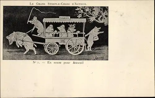 Künstler Ak Paris XVI, Le Grand Steeple Chase d'Auteil, vermenschlichte Schweine, Kutsche