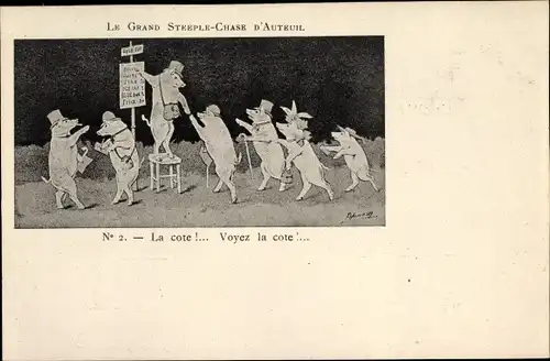 Künstler Ak Paris XVI, Le Grand Steeple Chase d'Auteil, Schweine auf dem Weg zur Rennbahn