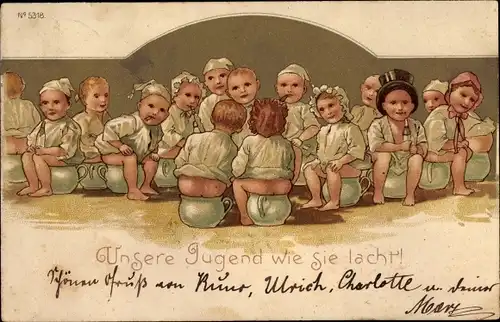 Litho Unsere Jugend wie sie lacht, Kinder auf Nachttöpfen