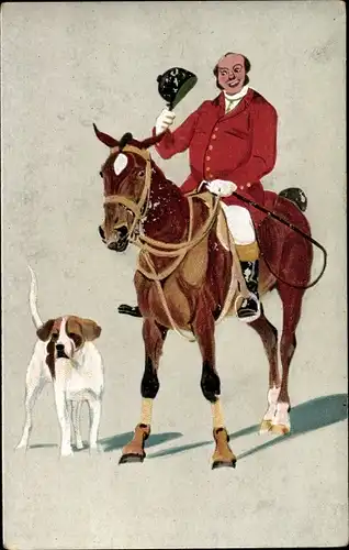 Ak Reiter in Jagdkleidung, Hund, Pferd