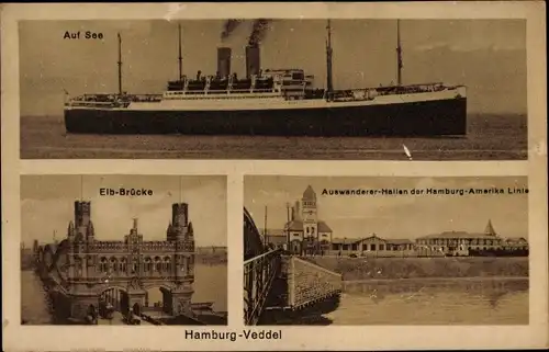Ak Hamburg Mitte Veddel, Dampfer auf See, Elbbrücke, Auswanderer Hallen d. Hamburg Amerika Linie