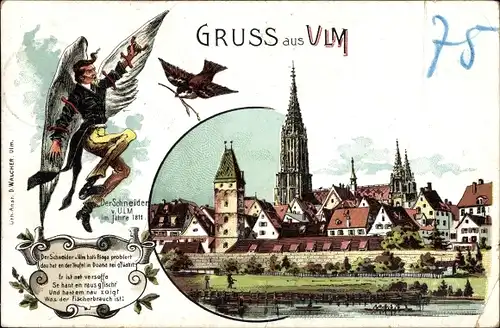 Litho Ulm an der Donau, Der Schneider v. Ulm, Stadtpanorama