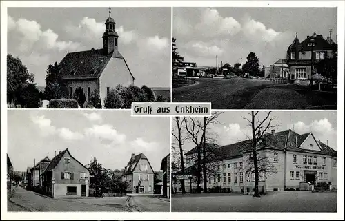 Ak Bergen Enkheim Frankfurt am Main, Kirche, Volkshaus, Straßenpartie