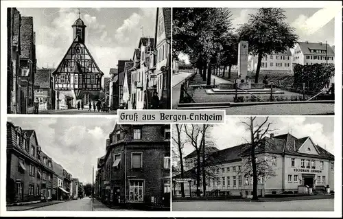 Ak Bergen Enkheim Frankfurt am Main, Denkmal, Volkshaus, Rathaus, Straßenpartie