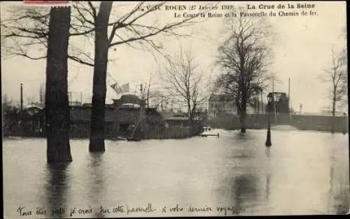 Ak Rouen Seine Maritime, La Crue de la Seine, Le Cours la Reine, La Passerelle du Chemin de fer