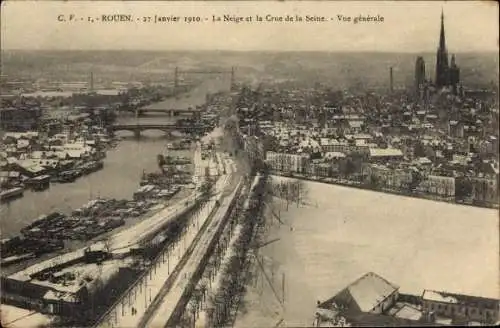 Ak Rouen Seine Maritime, La Neige, La Crue de la Seine, Vue generale, 27 Janvier 1910