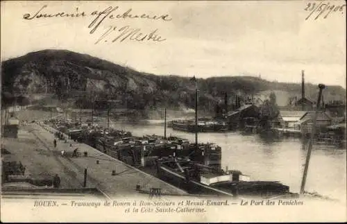 Ak Rouen Seine Maritime, Le Port des Peniches, La Cote Sainte Catherine