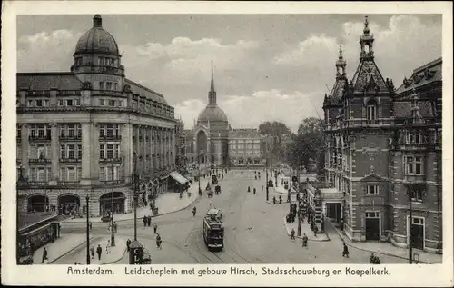 Ak Amsterdam Nordholland Niederlande, Leidscheplein met gebouw Hirsch, Stadsschouwburg en Koepelkerk