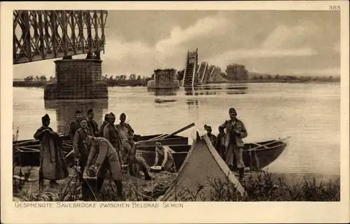 Ak Beograd Belgrad Serbien, Gesprengte Savebrücke zwischen Belgrad und Semlin, 1. WK