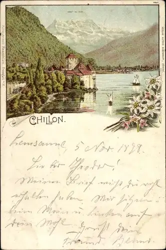 Litho Chillon Montreux Kanton Waadt, Dent du Midi, Schloss, Seepartie, Edelweiß