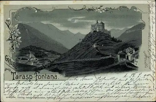 Mondschein Litho Tarasp Fontana Scuol Kanton Graubünden, Blick auf den Ort, Schloss