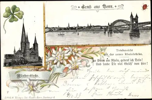 Litho Bonn am Rhein, Totalansicht, Rheinbrücke, Münster Kirche