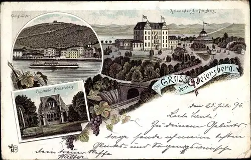 Litho Königswinter am Rhein, Restaurant auf dem Petersberg, Klosterruine Heisterbach