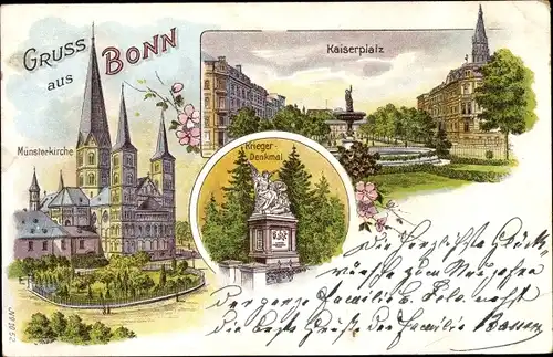 Litho Bonn am Rhein, Kaiserplatz, Kriegerdenkmal, Münsterkirche
