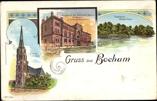 Litho Bochum im Ruhrgebiet, Christuskirche, Stadtpark, Bochumer Verein für Bergbau, Hauptportal
