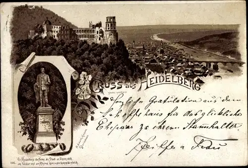 Vorläufer Litho Heidelberg am Neckar, Blick auf den Ort, Schloss, 1893