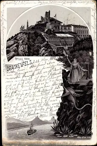 Litho Königswinter am Rhein, Drachenfels, Drachen, Flusspartie, Hotel