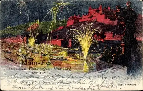 Litho Würzburg am Main Unterfranken, Mainfest, Kaisertage 1897, Festung, Feuerwerk