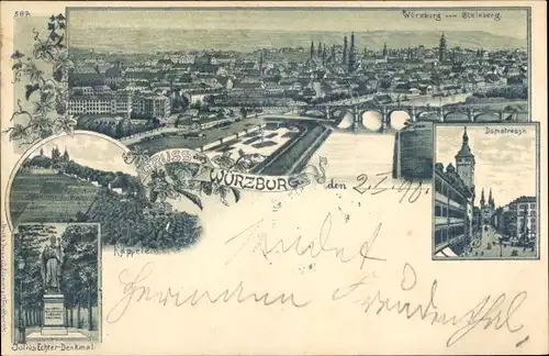 Litho Würzburg am Main, Panorama vom Steinsberg, Domstraße, Käppele, Julius Echter Denkmal