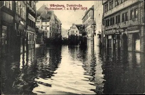 Ak Würzburg am Main Unterfranken, Hochwasser 1909, Domstraße