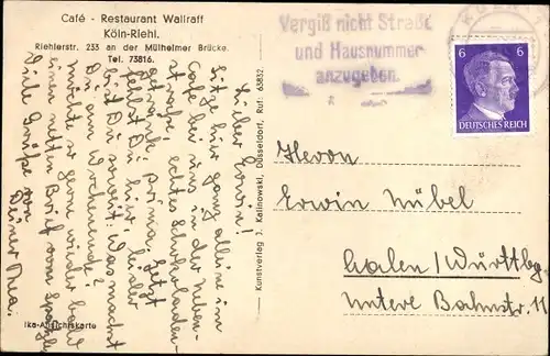 Ak Riehl Köln am Rhein, Cafe Restaurant Wallraff, Innenansicht, Riehlerstraße 233