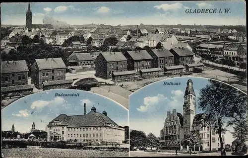 Ak Gladbeck im Ruhrgebiet, Rathaus, Badeanstalt, Totalansicht