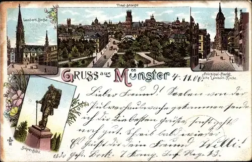 Litho Münster in Westfalen, Prinzipal Markt, Lamberti Kirche, Kiepenkerl, Totalansicht